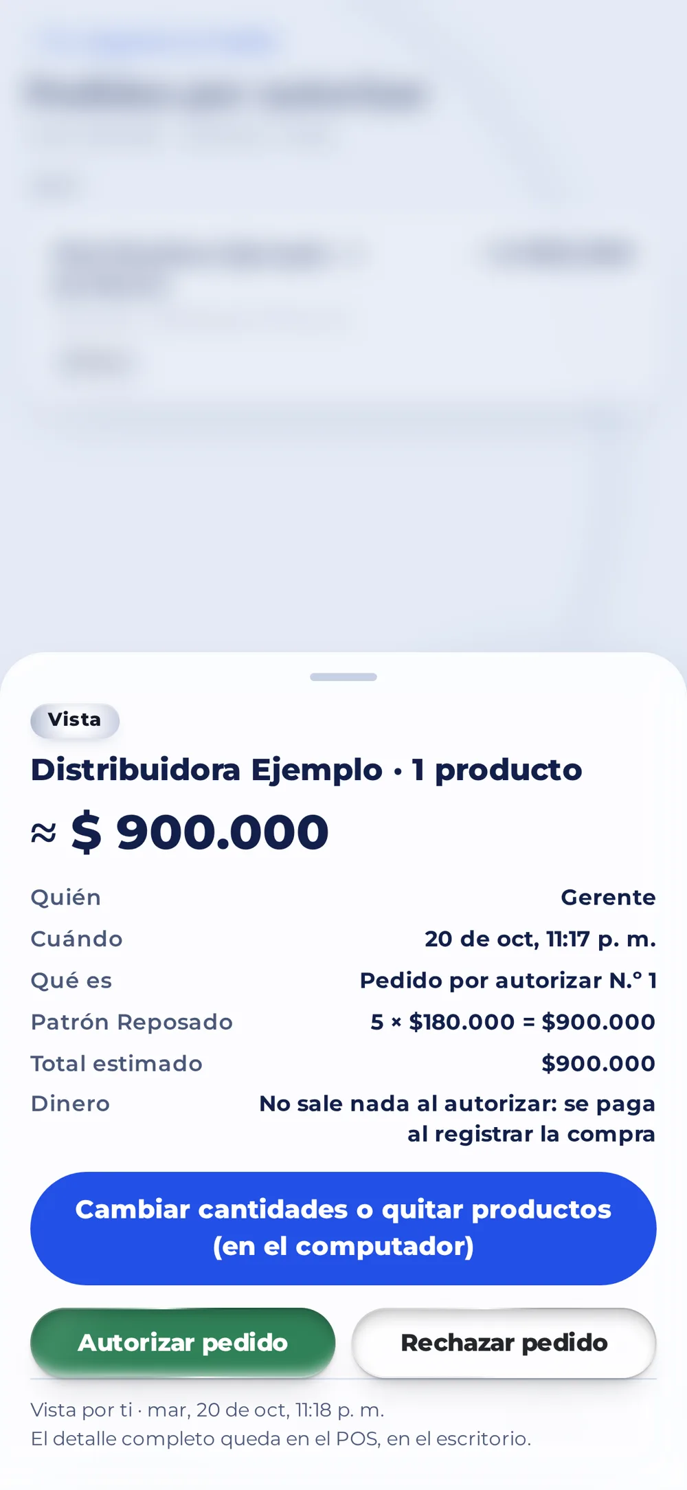 Autorizar desde el celular: La gerencia autoriza o rechaza el pedido antes de comprar.