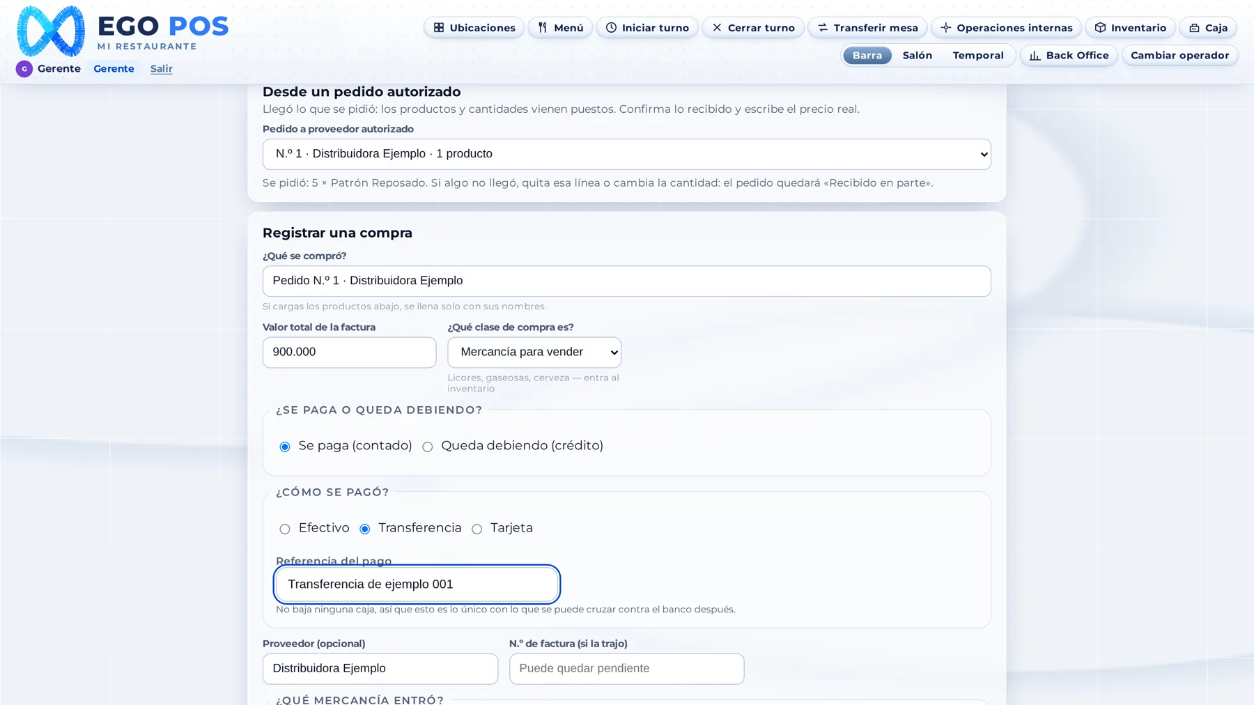 Lo recibido, al inventario: La compra se precarga desde el pedido autorizado y el inventario sube en el mismo paso.
