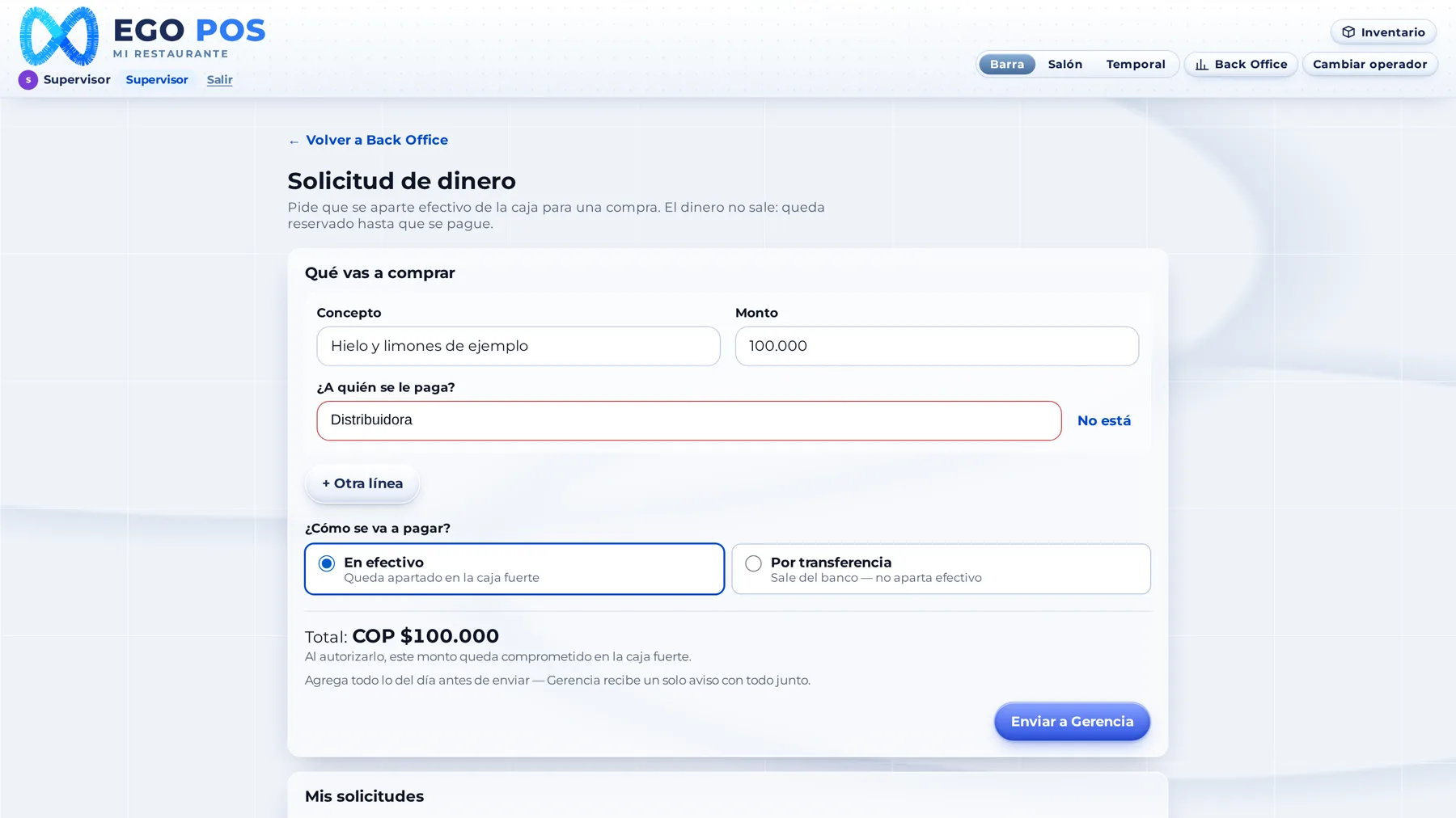 De contado: solicitar el dinero: Quien necesita dinero para una compra lo solicita y queda esperando el sí.