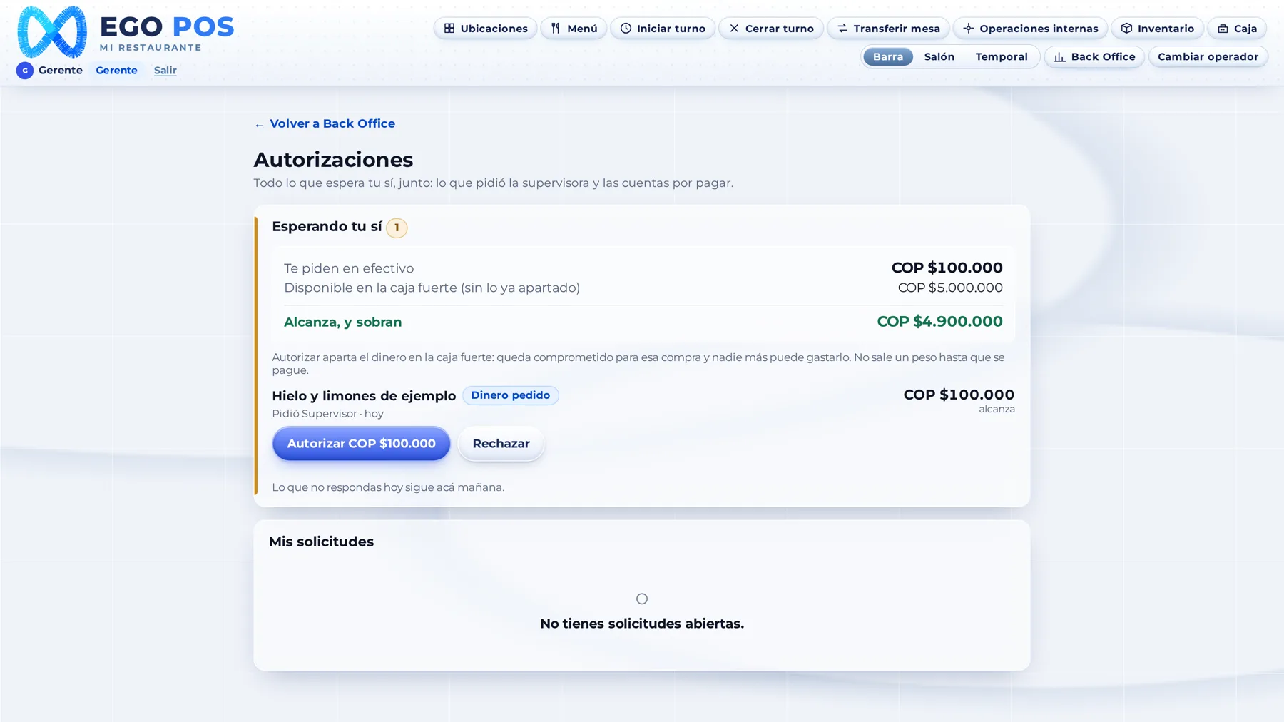 De contado: autorizado y reservado: Al autorizar, el dinero queda apartado en la caja fuerte y la compra se registra contra esa reserva.
